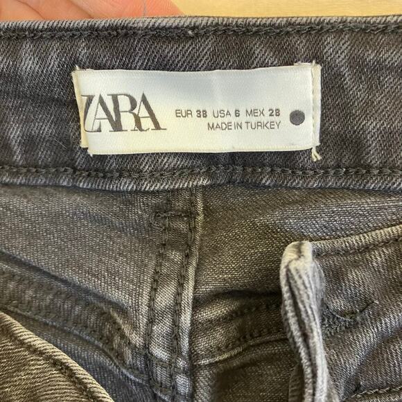 Zara Sz 6 Charcoal Washed Black Slim Flare Jeans Mid Rise Stretchy Raw Hem - Picture 15 of 16